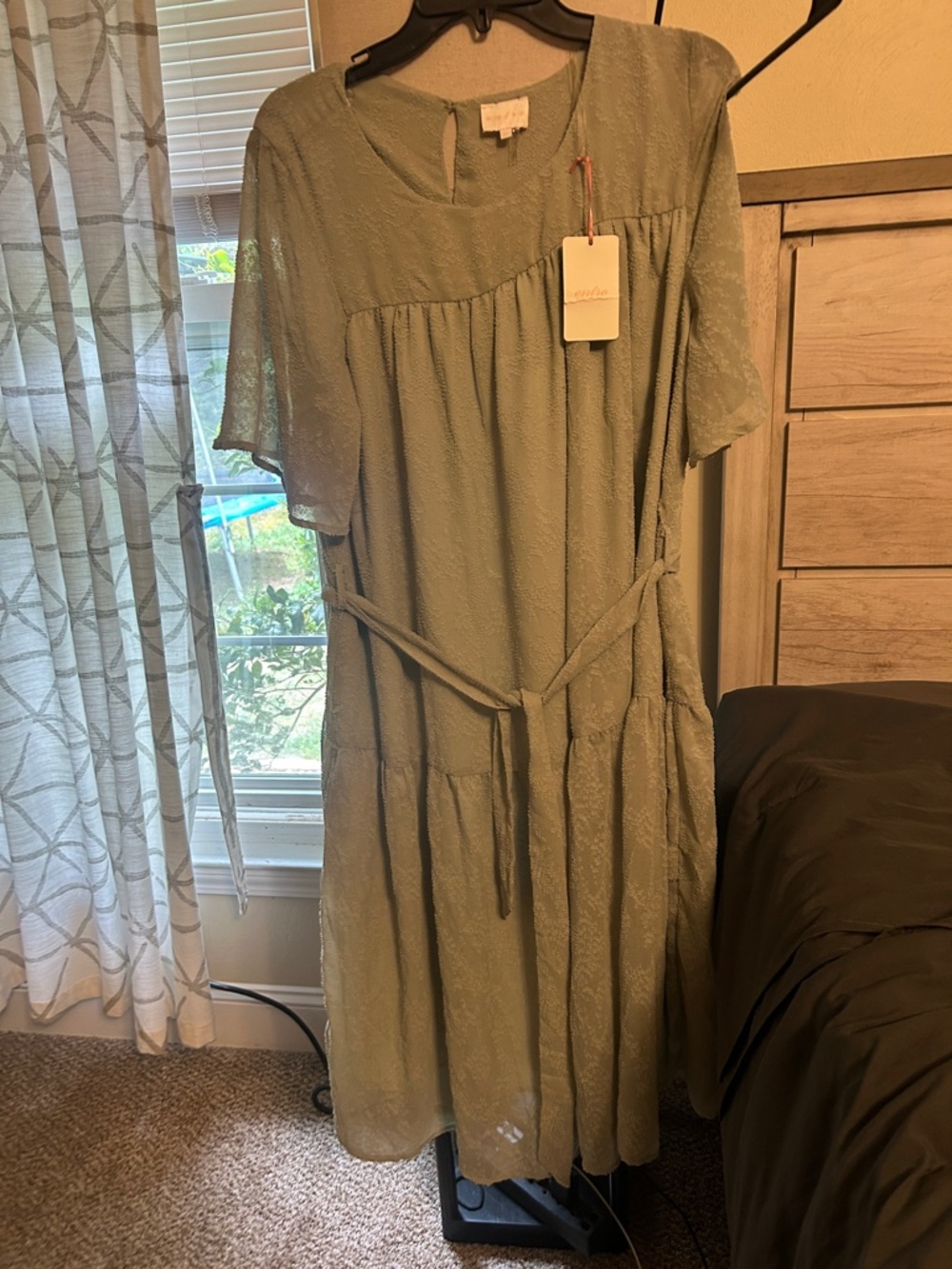 entro Sage Green Tiered Midi Dress with Tie Belt